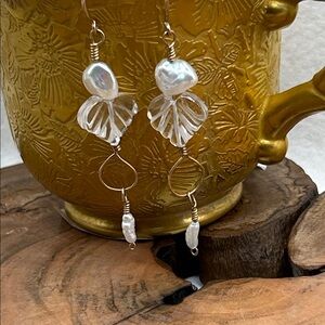 Pearl Freshwater Glass Leaves Drop Dangle Women’s Earrings Artisan  2 1/2” Drop